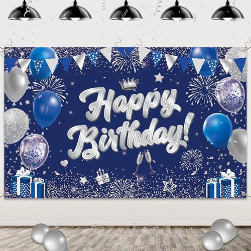 Happy Birthday Banner für Frauen Männer – Geburtstagsdeko Blau Silber Geburtstagsbanner Foto Backdrop Poster, Extra Großes Hintergrund für Kinder Mädchen Jungen Geburtstag 110 × 180cm