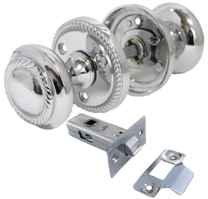 Georgian Style Chrome Round Door Knob Sets – Sprung Internal & External Mortice Knobs – Polished Chrome Finish – with or Without Tubular Latch – 1, 4, or 6 Pair Options (1 Pair – with Latch)