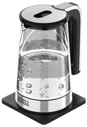 Holms & Moresby Illuminating 2.5L Electric Cordless Glass Kettle with brushed stainless steel accents (Fast Boil 1500W, Perfect pour spout, High Borosilicate Glass Body, Automatic Power off) UK Brand.
