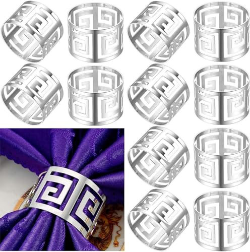 12 Pcs Anillos Servilletas de Metal, Elegantes Hebillas Servilleteros Hueco Aro de Servilleta Napkin Rings para Decoración de Mesa en Bodas, Cenas, Ramadán, Aniversarios, Navidad, Fiestas (Plata)