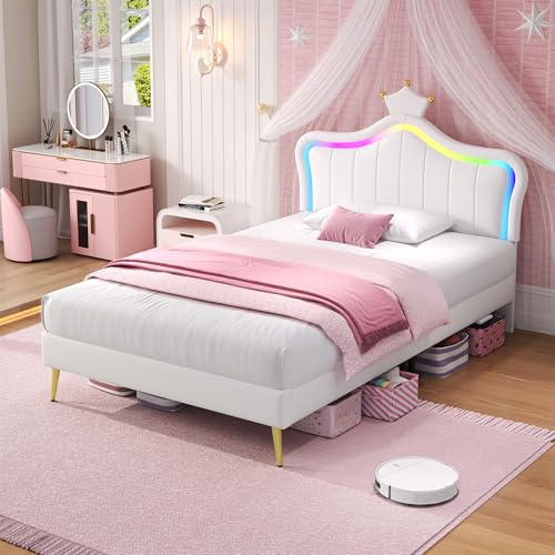 3ft Single Upholstered Bed Frame with LED Adjustable Crown Shape Headboard, PU Leather Upholstered Platform Bed with Solid Wood Slat, Underbed Storage, No Box Spring Needed, Easy Assembly,Cream White