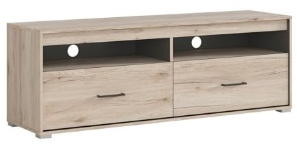 BLACK RED WHITE Ronse TV-Schrank 144 cm mit 2 Schubladen und Regalen aus San Remo Eiche hell/schiefergrau, modernes Design für stilvolle Wohnzimmerumgebung