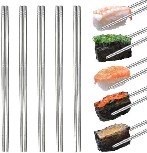 Maxmoc 5 pares de palillos de acero inoxidable, palillos de 23 cm para comer