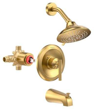 WOWOW Duscharmatur-Set, goldfarben, mit 15,2 cm Regenduschkopf und Wannenausguss, Einhebel-Duschkombination, gebürstetes Gold (Ventil im Lieferumfang enthalten)