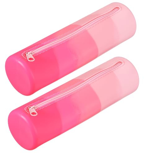 PATIKIL Silicone Pen Case, 2 Pcs Round Small Pencil Pen Pouch with Zipper Waterproof Aesthetic Soft Cosmetic Storage Bag Bible Study Supplies Case for Journaling Travel, Rose Red