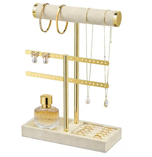 Josmimic Schmuck Organizer mit 2 Ebenen - Schmuckständer Armbänder, Beige Abnehmbarer T-Steg Schmuck Ständer, Samt-Armbandhalter, Schmuckhalter für Armband, Halskette, Uhren, Ringe