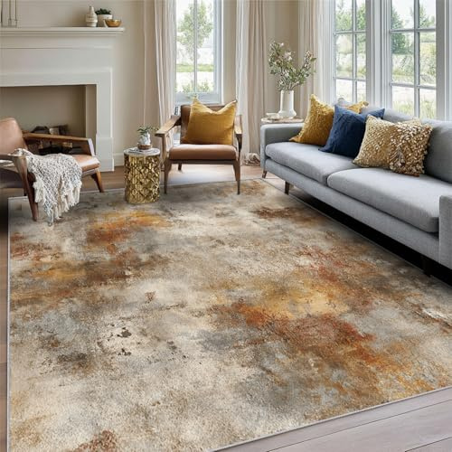 Industrial Style Teppich 160 x 230 cm Wohnzimmer Mit Gold Vintage Rost Rostbraun Metallic Muster, Industrial Style Bettvorleger Schlafzimmer Deko, Waschbar Teppiche Gegend Kurzflor Rutschfest