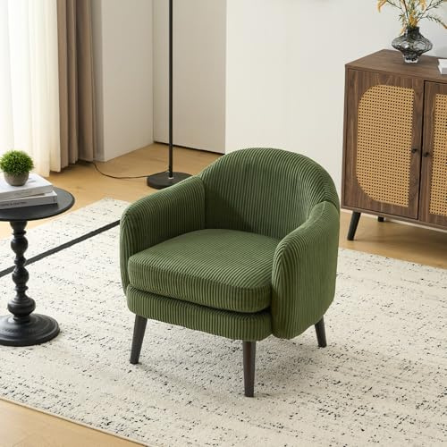 Bonnlo Wide Modern Armchair with Track Armrest, Solid Wooden Legs, Comfy Upholstered Accent Chair, Occasional Tub Chairs for Living Room, Bedroom, Office, Corduroy, Dark Green