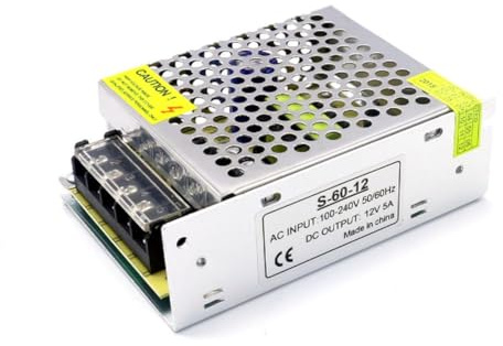 PintoHardware Fuente de Alimentación Conmutada 60W 12V 5A, S-60-12, AC 110-220V a DC, Transformador Carcasa Metálica Perforada Adaptor de Corriente, Tiras LED, Impresoras 3D, proyectos de iluminación