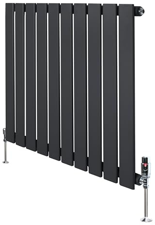Radiateur Plat à 1 Colonne & Vannes 600 x 700 mm en Acier Gris Anthracite Chauffage Centrale Moderne Horizontale Monté Sur Mur Cuisine Salle de Bain [Brosse de Nettoyage & Supports INCLUSES]