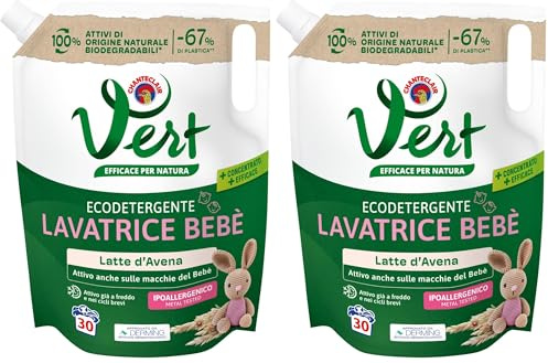 Vert - Ecodetergente Lavatrice Bebè - Fragranza Latte d'Avena, 100% Origine Naturale, Superefficace anche sulle Macchie del Bebé, Ipoallergenico, per Pelli Sensibili - Flacone da 1200 ml, 30 Lavaggi
