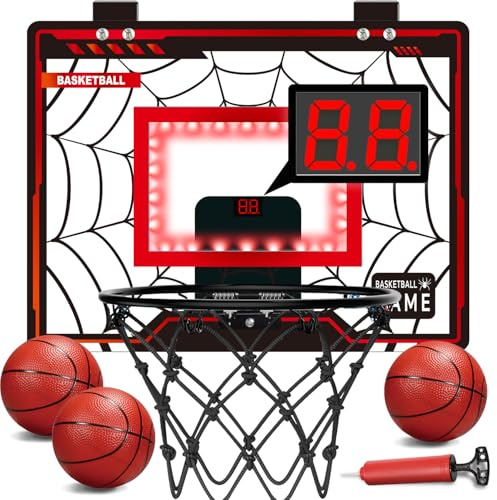 KCCHZ Basketball Hoop Indoor, Mini Basketball Hoop for Boys and Adults with Cool LED Lights Boys Gifts Basketballs Toys Gifts Room Accessories for Teen Boy 8 9 10 11 12