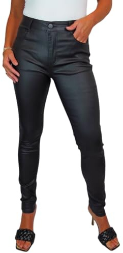 icecoolfashion Women's High Waist Stretch Leather Look Jeans Ladies Skinny Coated Jean Trousers with Pockets Black 10-22 (12)