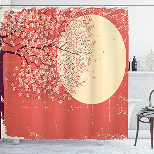 ABAKUHAUS Printemps Rideau de Douche, Cerise Sakura Fleurs, Tissu Ensemble de Décor de Salle de Bain avec Crochets, 175 cm x 180 cm, Corail Jaune pâle Plum