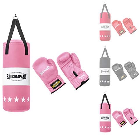 Bad Company Boxset für Kinder und Jugendliche bis 12 Jahre pink - Boxsack gefüllt mit Aufhängung 55 x 25 cm und Boxhandschuhe Kinder 8oz - Boxsack Set Kinder hängend