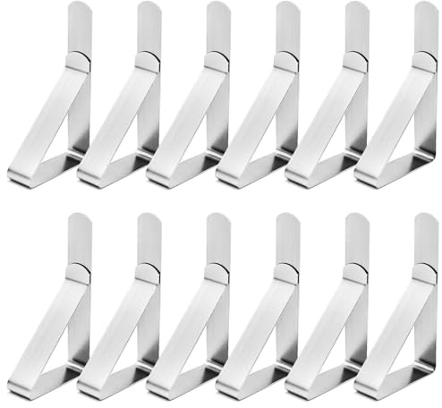 12 Pack Tablecloth Clips- Picnic Table Cloth Clips- Stainless Steel Table Cloth Cover Clamps- Table Clips for Restaurant Picnics Marquees Weddings Graduation Party- Fits Up to 1.7” Thick Tables