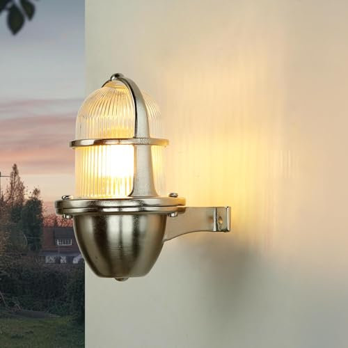 Licht-Erlebnisse Außenlampe Wand aufwärts aus Echt-Messing in Nickel-matt IP64 E27 H:18cm rostfrei Schiffslampe Wandlampe Außenleuchte Wandleuchte maritim Hof Garten