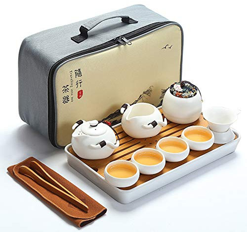 fanquare Portátil Juego de Té Kung Fu, Juego de Té Chino Hecho a Mano, Tetera de Porcelana, Tazas de té, Bandeja de Té de bambú, con Una Bolsa de Té de Viaje, Blanco