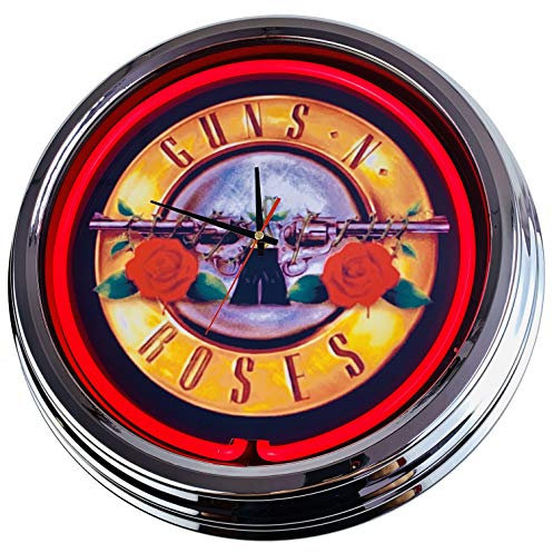 US-Way.de Retro Neon Guns N Roses – 44 cm Durchmesser, Batteriebetriebene, Deko-Wanduhr ohne Tickgeräusche und gut lesbares Display, USA 50er-Jahre-Stil Neon-Uhr für Küche, Wohnzimmer, Büro (Red)