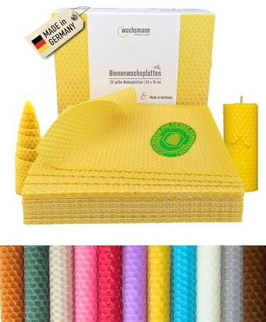 Wachsmann 20 Bienenwachsplatten aus Deutschland, gelb, Wachsplatten 20 x 15 cm, Bienenwachs Kerzen selber machen, Kerzenwachs