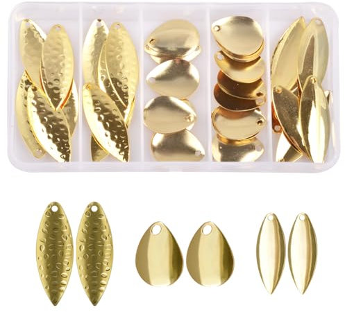 Spinner Blades for Lures Making Kit Easy Spin Colorado Willow Blades Kit Gold Silver Spoons DIY Lures Making Accessories for Spinner Baits Walleye Rigs Bass Fishing(Gold - 40pcs)