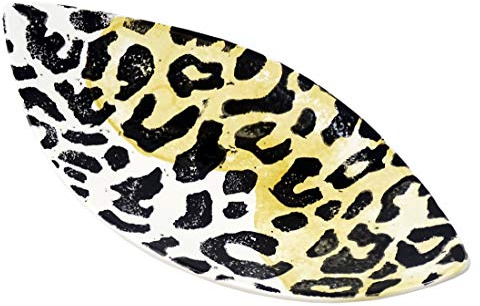 Lashuma Keramikteller Weiß Schwarz Gelb, Ovale Salatschale 28x13 cm, Obstschüssel Motiv: Leopard