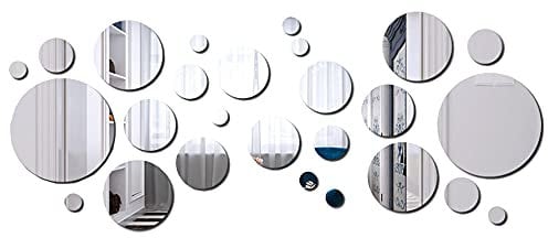 Youery 32 Stück Runde Kreis Spiegel DIY Silber Spiegel Selbstklebende Fliesen Spiegel Selbstklebende Fernsehhintergrund Fliesen Spiegel Wandaufkleber