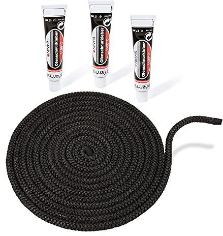 LANZZAS Cordon d'étanchéité pour cheminée et four - Diamètre : 8 mm - Longueur : 4 m - Pour porte de cheminée - Résistant à la chaleur jusqu'à 550 °C - Avec colle de montage ignifuge.