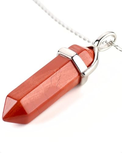 LAVISA Obelisk Halskette - Luxuriöse Edelsteinkette, Anhänger, Halskette, intensive Farben, Rosenquarz, Amethyst, Kette - 55 + 5 cm (Roter Jaspis)