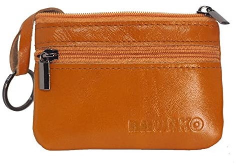 BAWAKO Porte-monnaie en cuir véritable, petite pièce de monnaie pour homme et femme, avec deux compartiments, fermeture éclair, porte-clés, mini porte-monnaie, S, Orange, 10 cm * 7 cm, Classique