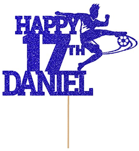 Personalised Birthday Football Footballer Cake Topper- Bright Blue Any Name & Age Glitter Cake Decoration and Sprinkles - Happy Birthday Decorations - Personalised Toppers for Cakes by Cakeshop