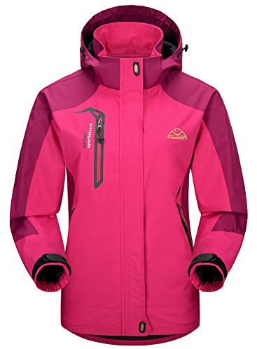 YSENTO Damen Outdoor Wanderjacke Wasserdicht Übergangsjacke Leicht Atmungsaktie Regenjacke Funktionsjacke mit Abnehmbarer Kapuze(Rosarot,L)