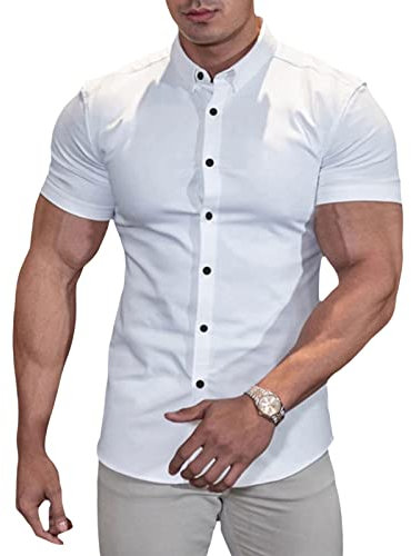 Men's Muscle Dress Shirts Slim Fit Stretch Long&Short Sleeve Casual Button Down Shirt (White, Medium)
