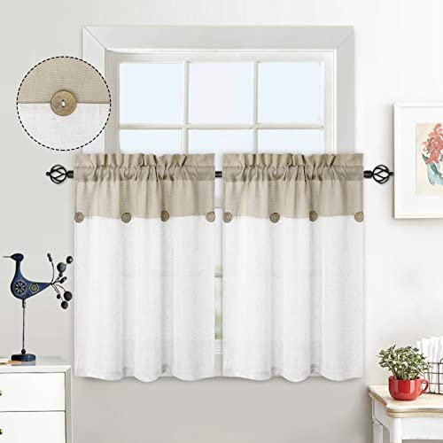 LuxFocus Scheibengardinen 2er Set Patchwork Kleine Vorhänge mit Knöpfen Deko Halbe Kurzstores Luftige Bistrogardinen Leinenoptik 2 x B 69 cm x H 76cm, Beige