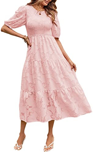 MEROKEETY Vestido de Verano para Mujer, Manga abombada, Floral, Cuello Redondo, Encaje, Fluido, Escalonado, Rosado, X-Large