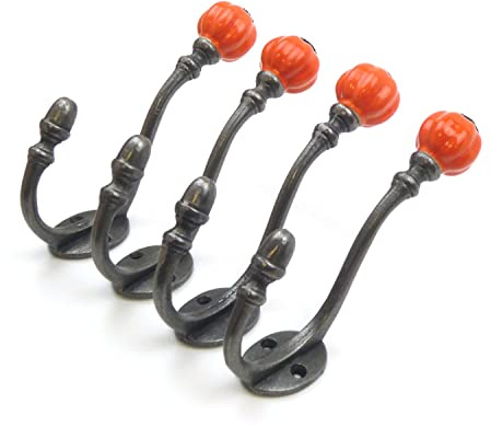 Oakcrafts - Ceramic Tipped Shabby Chic Cast Iron Coat Hook 125mm (Orange) - Pack of 4 Hooks