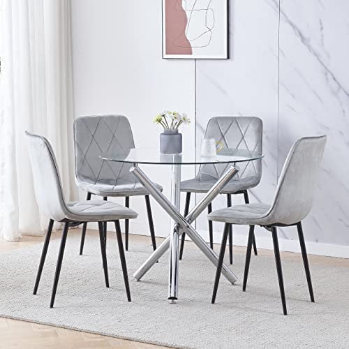 Menaka 5 Pieces Round Glass Dining Table and Grey Velvet Chairs Set Small Space for 4 People, Modern Kitchen Table with Chairs Set of 4 Restaurant (table with 4 grey chairs)