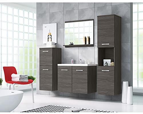 MINIO go for it - Badmöbel Set 4-Teilig Molo, 1x Badezimmer Spiegel mit Ablage, 1x Waschtisch mit Unterschrank, 2X Hängeschrank, Badezimmermöbel Set - Laminierte Spannplatte, Bodega Kiefer