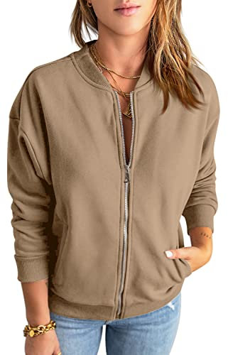 GeGekoko Zip Sweatshirt Damen übergroße Jacket Sweatshirt Einfarbige Loose Langarm Tops Oberteile mit Tasche