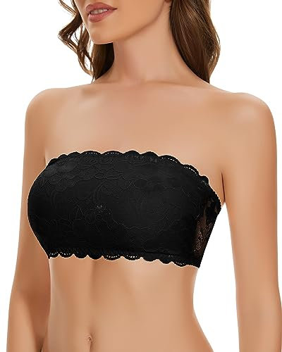 WOWENY Reggiseno Senza Spalline con Bretelle Trasparenti a Fascia, da Donna Senza Ferretto in Pizzo, Imbottito Nero M