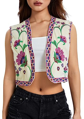 Caziffer Gilet Brodé sans Manches Femme Léger Chic Décontracté (Rose, L)