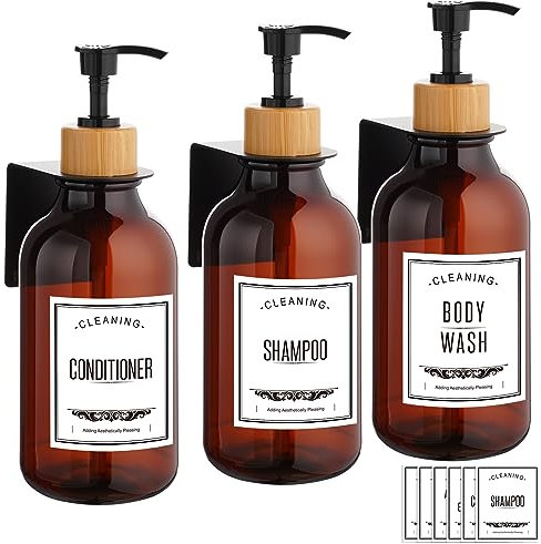 3er Seifenspender Wandbefestigung Set, 500ml Seifenspender Wand Ohne Bohren, Shampoo Spender mit Pumpe und Wasserdichten Etiketten, Shampoo Spülung Duschgel Spender für Küche Bad (Bernstein)