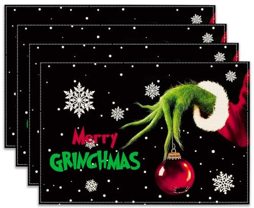 Ohok Weihnachten Tischsets Abwaschbar 4er Set, Polyester Leinen Platzdeckchen 30x45cm, Weihnachten Tischuntersetzer Platzsets für Küche Speisetisch Hotel Weihnachts Tischdeko (Grichs mit Kugeln)