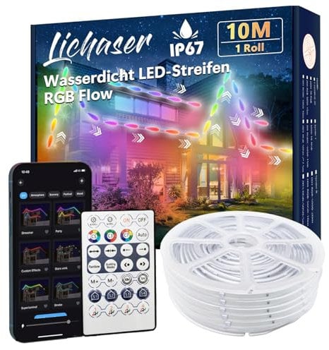 Lichaser 10m RGB+IC Outdoor LED Strip Wasserdicht DIY, Verfolgen, Segmentieren von LED-Streifen mit BT App und RF Fernbedienung für den Außenbereich