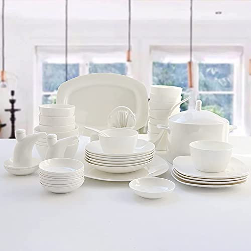 Juego de vajilla cuadrado, porcelana blanca para servir porcelana de hueso, vajilla de cocina con tazones de cereales, platos de postre, apto para microondas y horno (servicio de 56 piezas para 12 per
