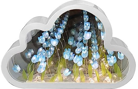 Tulpen Nachtlicht, 2 in 1 DIY Wolke Tulpe Spiegel Lampe, Wolken Tulpenspiegel Lichter Deko, LED Blumen Nachttischlampe Geburtstag Geschenke Heimdekoration für Freunde, Mädchen, Paare, Kinder (Blau)