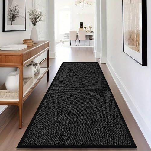 Fit Even Sunny Indoor & Outdoor Runner Rug – Machine Washable Non-Slip Rubber Backed Entrance Mat, Long Waterproof Mats for Hallway, Front Entrance, Kitchen, Patio or Garden - (Black, 60x180 cm)