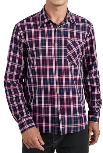 Enlision Chemise Homme Carreaux Manches Longues Décontractées Chemises Boutonnées Hommes Canadienne avec Poches Bleu Marine Rouge Coupe Régulière M
