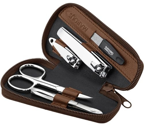 Marqus Manicure Set for Women and Men - 5-Pieces Grooming Kit - File and Tweezers from Solingen - Real Leather Case - Ideal for Travelling, Brown