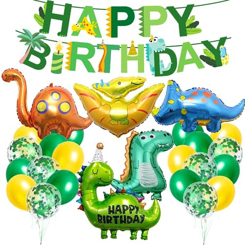 Dino Geburtstag Deko Set, XXL Dinosaurier Folienballons mit Happy Birthday Girlande, Dino Party Kindergeburtstag, Luftballons Grün Gelb für Dinosaurier Dschungel Party Geburtstag Dekoration Junge